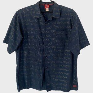 Y2K Re:verb Graffiti Script Button-Up Shirt Men's Size XL Navy Blue Short-Sleeve
